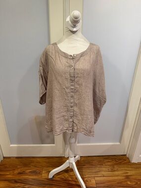 Tahari Linen Button-Front Top - Taupe